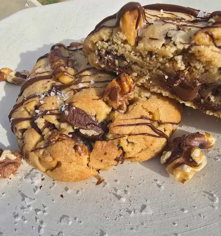 Giant Signature Salted Walnut Dark Chocolate Loaded Cookies with chunky toasted crunchy walnuts and sea salt - Crumbology handmade fresh in Mandurah & Peel region WA